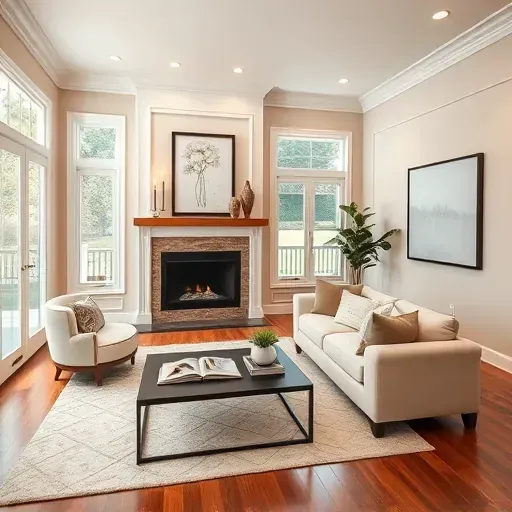 Renovated living room in Ontario CA showcasing modern and traditional designs, warm colors, and stylish decor.