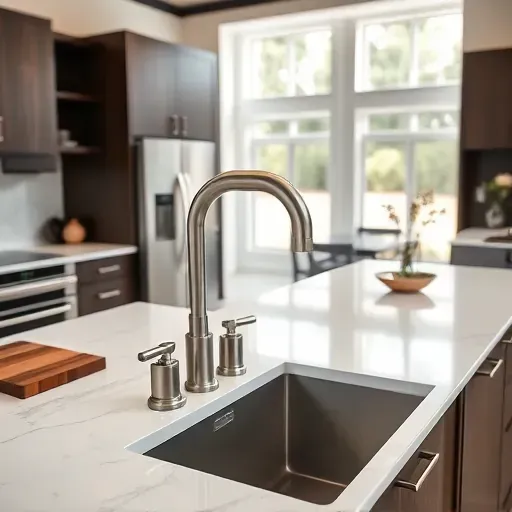 Modern brushed stainless steel kitchen faucet installed on white marble countertop in a high-end Mentone California kitchen
