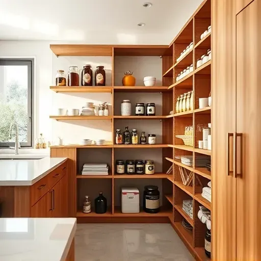 Modern kitchen pantry with warm hardwood shelves, organized glass jars, labeled containers, sleek cabinetry, and natural lighting