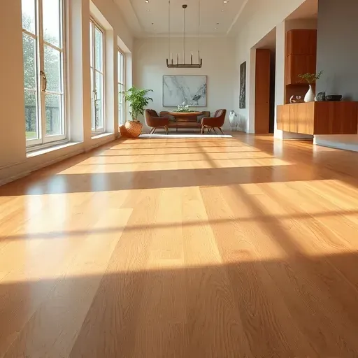Finished hardwood flooring in a modern sunny interior with natural wood grains, reflecting soft ambient light.
