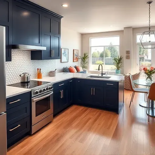 Modern kitchen remodel in Ontario CA featuring navy cabinetry, white marble countertops, geometric backsplash, and warm hardwood floors.