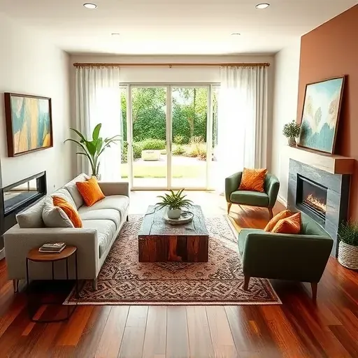 Home remodeling in Corona, CA, featuring a bright living room with cozy furniture and natural light, accent wall, and garden view.