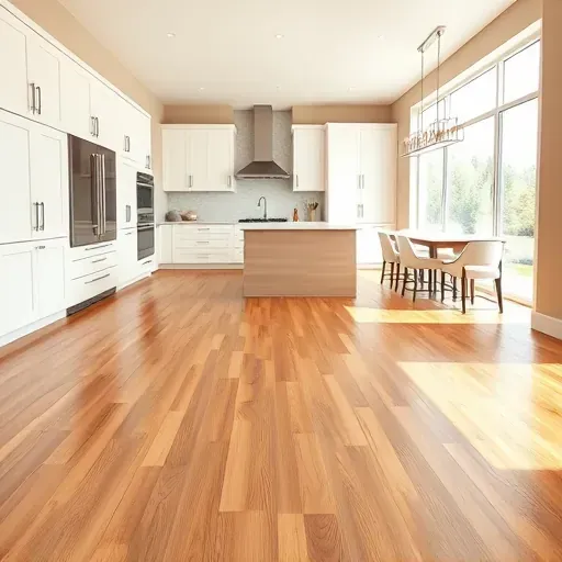 Finished warm oak hardwood kitchen flooring in Mentone CA with polished surface, modern white cabinetry and stainless steel appliances