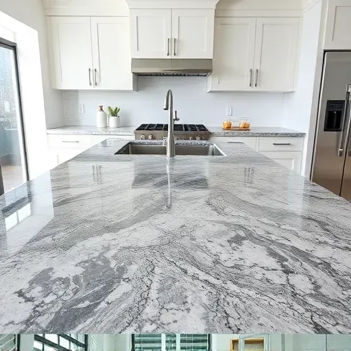 Freshly installed polished granite kitchen countertop with gray black and white veining in modern Mentone CA kitchen