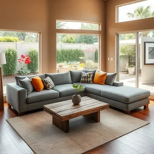 Modern living room remodel in Redlands CA features gray sectional sofa, reclaimed wood coffee table, and lush garden view.