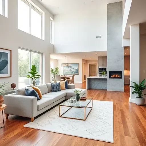 Elegant modern living room in Chino CA features open floor plan, plush sofa, stylish decor, and inviting fireplace.