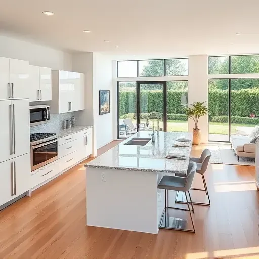 Modern remodeled kitchen and living area in Ontario Ranch CA with sleek cabinetry, granite island, and bright ambiance.