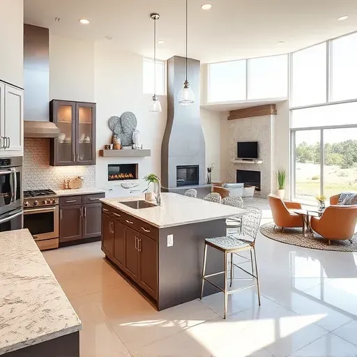 Modern kitchen remodel in Perris CA with sleek cabinetry, granite countertops, and elegant lighting, featuring a cozy living room.