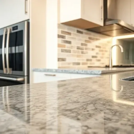 Close-up of a stylish ceramic tile backsplash in a modern Mentone kitchen with natural stone look tiles and polished granite countertop