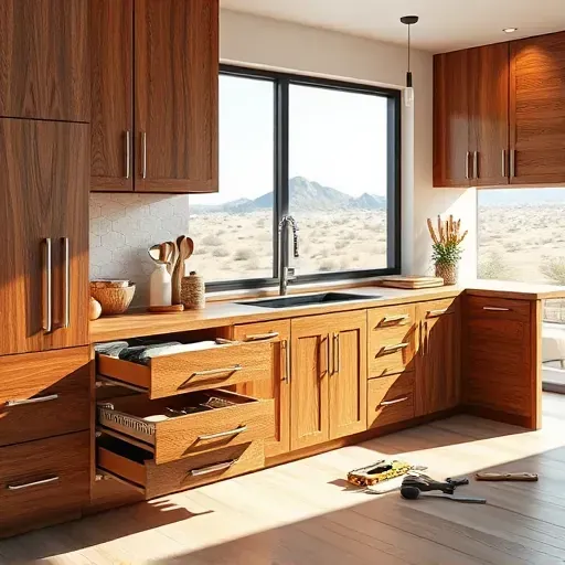 Beautiful custom kitchen cabinets in Mentone CA with woodgrain textures, modern design, organized storage, and desert landscape view