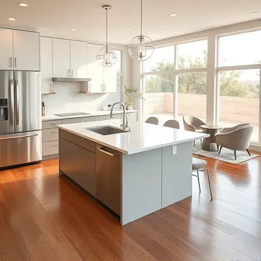 Newly remodeled Mentone CA kitchen with modern cabinets, quartz island, stainless appliances, and stylish pendant lights.