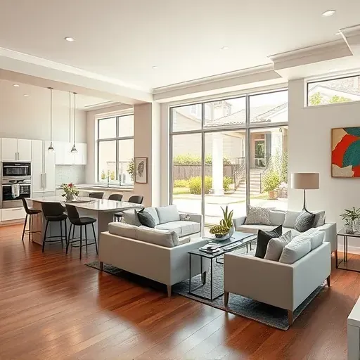 Modern Claremont living room features an open floor plan, sleek furniture, and a stunning kitchen with stainless steel appliances.