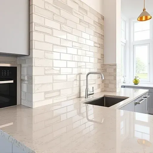 Freshly installed beige and gray ceramic backsplash with clean grout lines in a modern Mentone CA kitchen