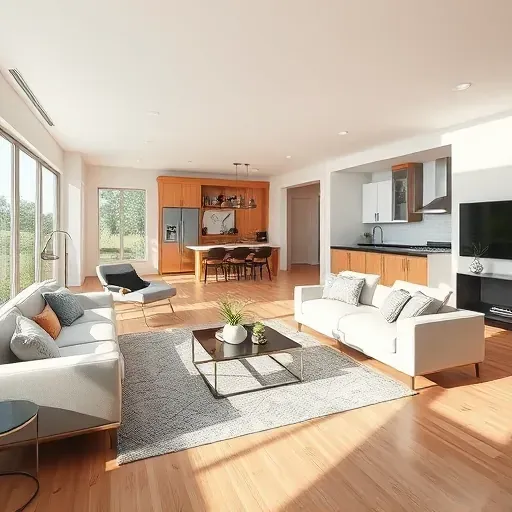 Modern open-concept living room in Highland Springs CA featuring stylish furniture and elegant wood flooring.