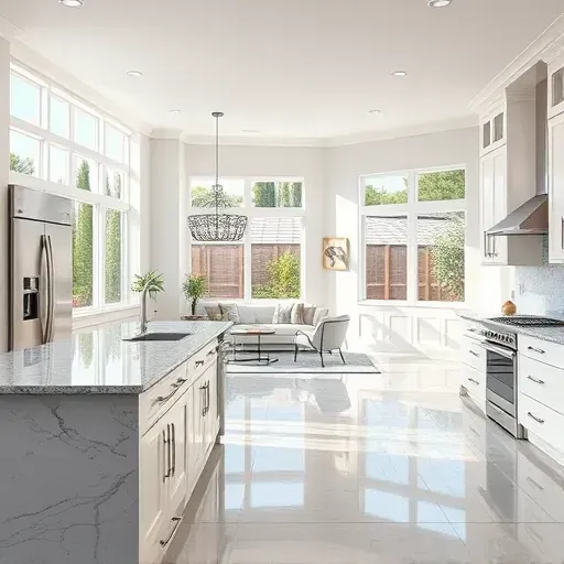 Modern kitchen and living room in Moreno Valley, CA featuring white cabinetry, granite countertops, and stylish decor.