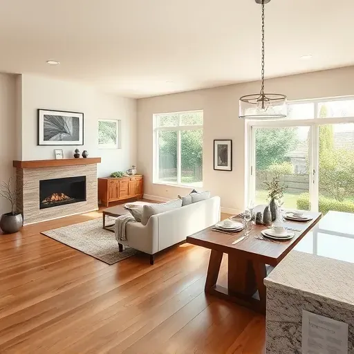 Modern Loma Linda living room with elegant decor, hardwood floors, and sunlight-filled dining area showcasing a remodeled home.