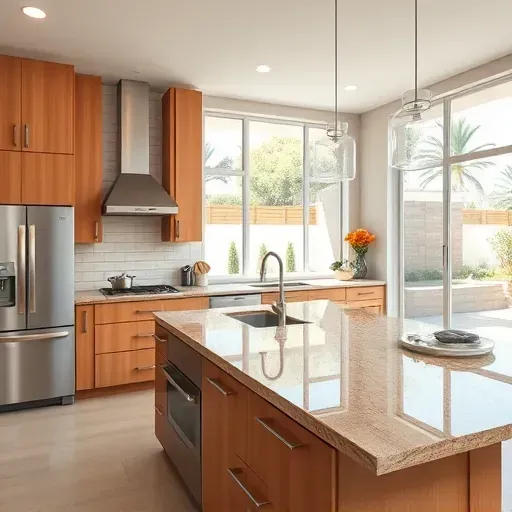 Remodeled kitchen in Mentone CA featuring granite countertops, stainless steel appliances, and custom wooden cabinets.