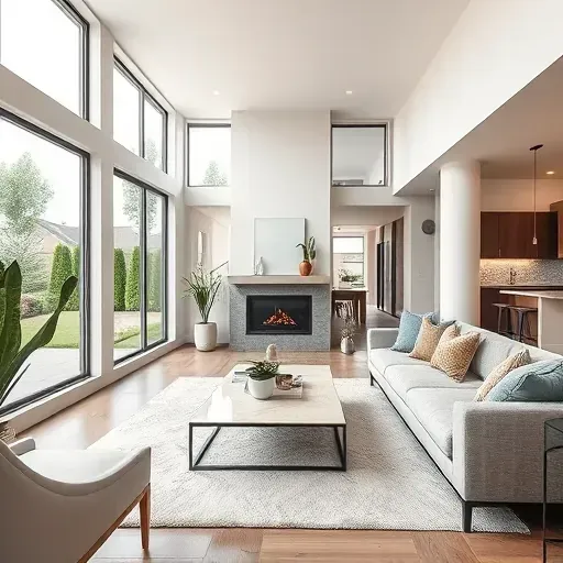 Modern remodeled living room in San Bernardino, CA with sleek furniture, large windows, warm fireplace, and stylish decor.