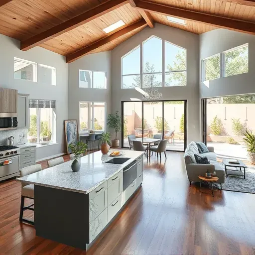 Completed home remodel in Lytle Creek CA, showcasing a modern rustic living area with high ceilings and elegant decor.