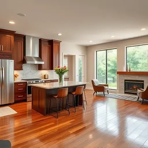 Modern kitchen remodel in Jurupa Valley with stainless steel appliances, marble countertops, and rich wood cabinets.