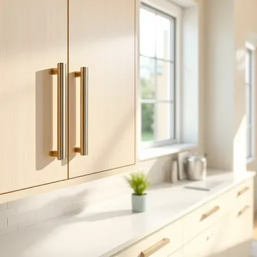 Modern kitchen with cream cabinets and stainless steel handles illuminated by natural light, featuring polished hardware and minimalist decor