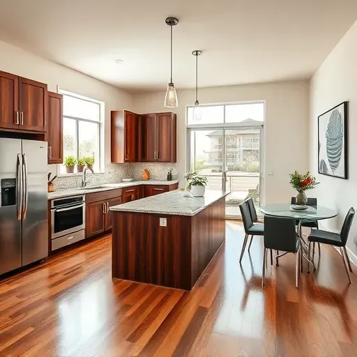 Modern Moreno Valley kitchen with stainless steel appliances, elegant granite countertops, and spacious living area.