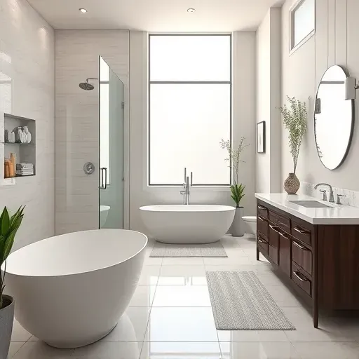 Beautiful renovated Mentone CA bathroom with modern fixtures, walk-in glass shower, freestanding tub, double vanity, and elegant tiles