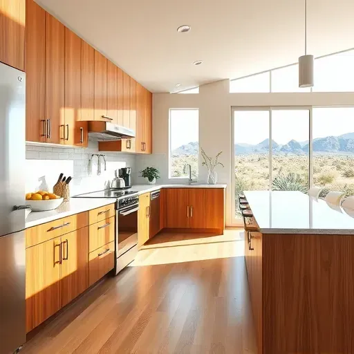 Modern kitchen remodel in Mentone CA with wood cabinetry, stainless steel appliances, and quartz countertops in natural light.