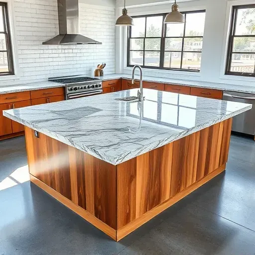 Finished granite countertop in modern Mentone kitchen with natural veining, sleek design, and bright daylight.