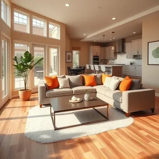 Modern living room in Fontana CA with open floor plan, hardwood floors, bay windows, and stylish furniture.