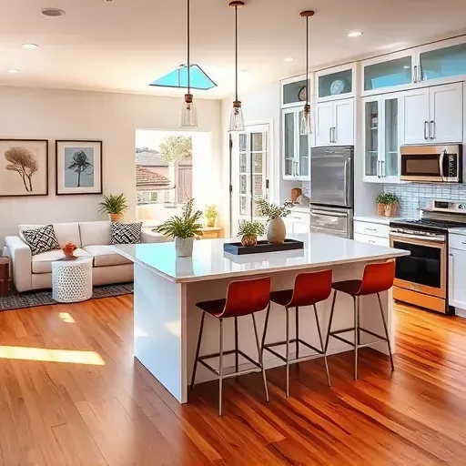Modern kitchen remodel in Devore CA with elegant stainless steel appliances, quartz countertops, and natural light.