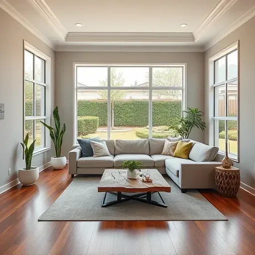 Stunning Highland Springs living room remodeling blends modern design and comfort with natural light and lush plants.