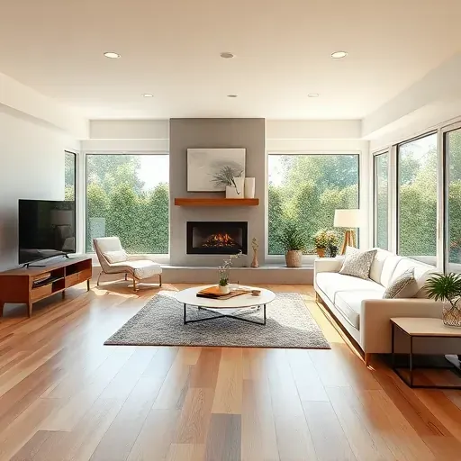 Renovated living room in Mentone CA featuring hardwood flooring, large windows, and modern furnishings for a sophisticated look.