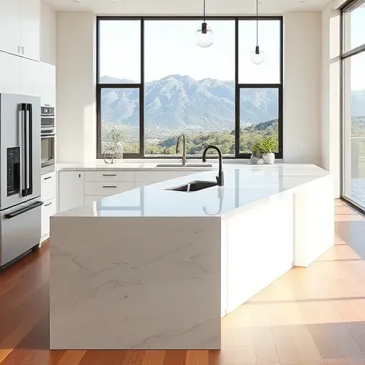 Newly installed modern kitchen island in Mentone California with quartz countertops matte black hardware hardwood floors and mountain view