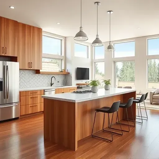 Modern remodeled open-concept kitchen in Mentone California with wood finish cabinets granite island stainless appliances natural light hardwood floors stylish backsplash pendant lights potted herbs contemporary decor