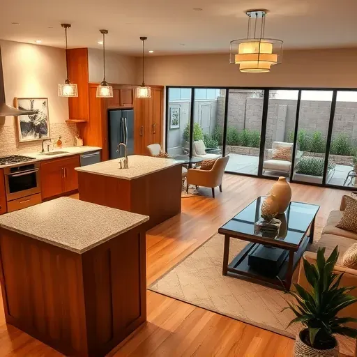 A modern kitchen remodel in Highland CA features high-end appliances, granite island, stylish cabinetry, and warm lighting.