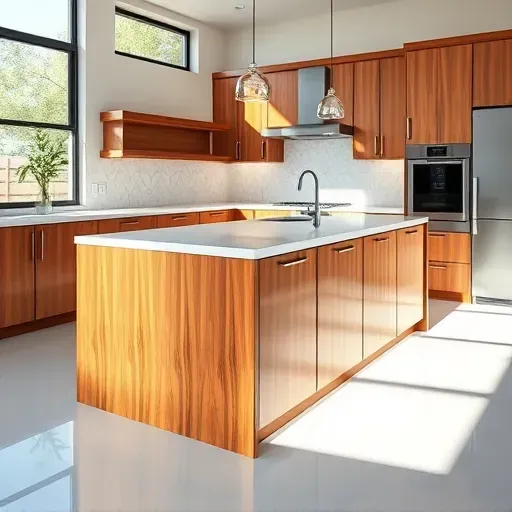 Modern kitchen island in Mentone CA with polished quartz countertops, custom hardwood cabinets, natural sunlight, and upscale decor