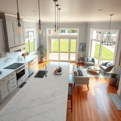 Modern kitchen remodel in San Jacinto CA with elegant cabinetry, marble countertops, and bright airy living area.