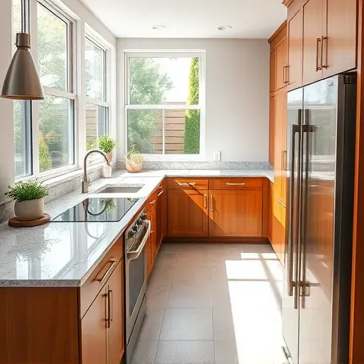 Recently remodeled kitchen in Mentone, CA with granite countertops, stainless steel appliances, natural light, and a lush backyard view.