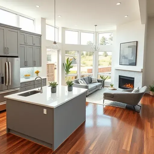 Renovated kitchen in Calimesa CA showcases gray and white cabinetry, marble countertops, and stainless steel appliances.