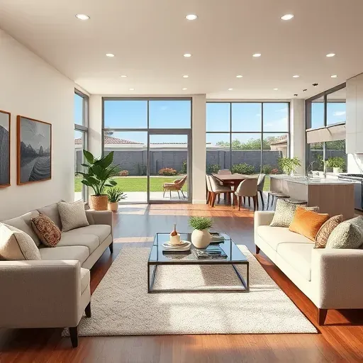 Modern living room remodel in Jurupa Valley CA with open floor plan, hardwood floors, large windows, and stylish decor.