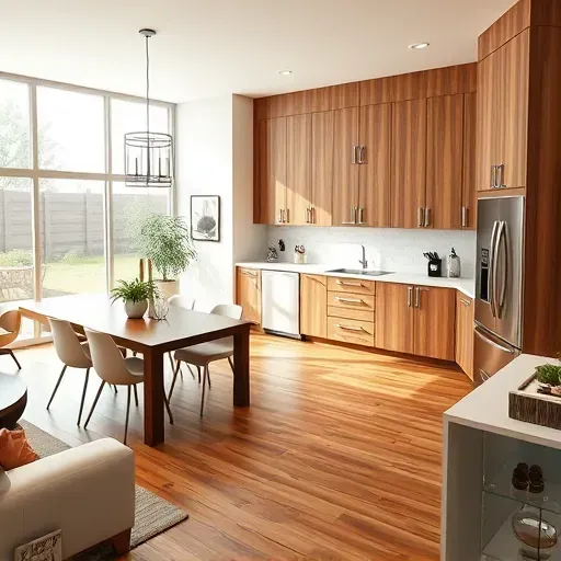 Modern kitchen and living area in Colton CA featuring polished wood cabinets, quartz countertops, and natural light.
