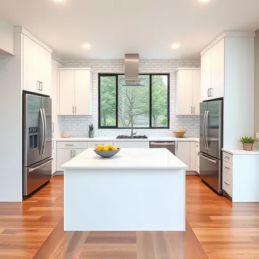 Recently remodeled kitchen in Mentone CA with white cabinetry, marble island, stainless appliances, and herringbone backsplash.