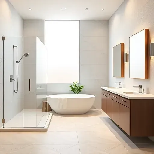 Renovated Mentone CA bathroom with walk-in shower, marble tiles, soaking tub, quartz vanity, and natural light