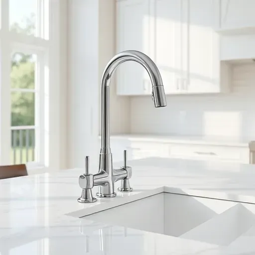 Modern chrome kitchen faucet installed on white marble countertop with subway tile backsplash in bright, stylish kitchen setting