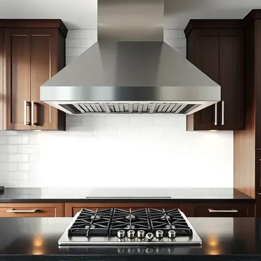 Newly installed stainless steel range hood over gas stove in a modern Mentone CA kitchen with black granite countertops and white subway tiles