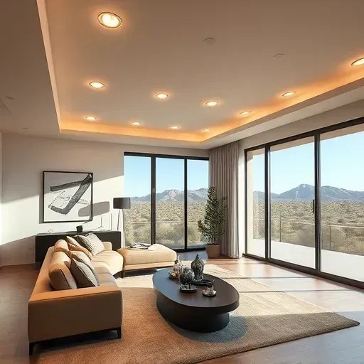 Completed recessed lighting in modern Mentone CA living room with warm glow, stylish decor, and scenic desert views