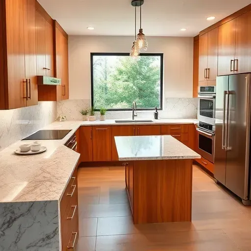 Modern Mentone kitchen remodel with granite countertops, stylish island, natural wood cabinetry, and bright atmosphere.