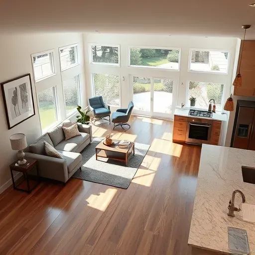 Completed home remodel in Eastvale CA features modern living area, hardwood floors, sleek kitchen, and natural light.