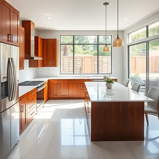 Remodeled kitchen in Mentone CA with quartz countertops, stainless steel appliances, and custom cabinetry illuminated by sunlight.